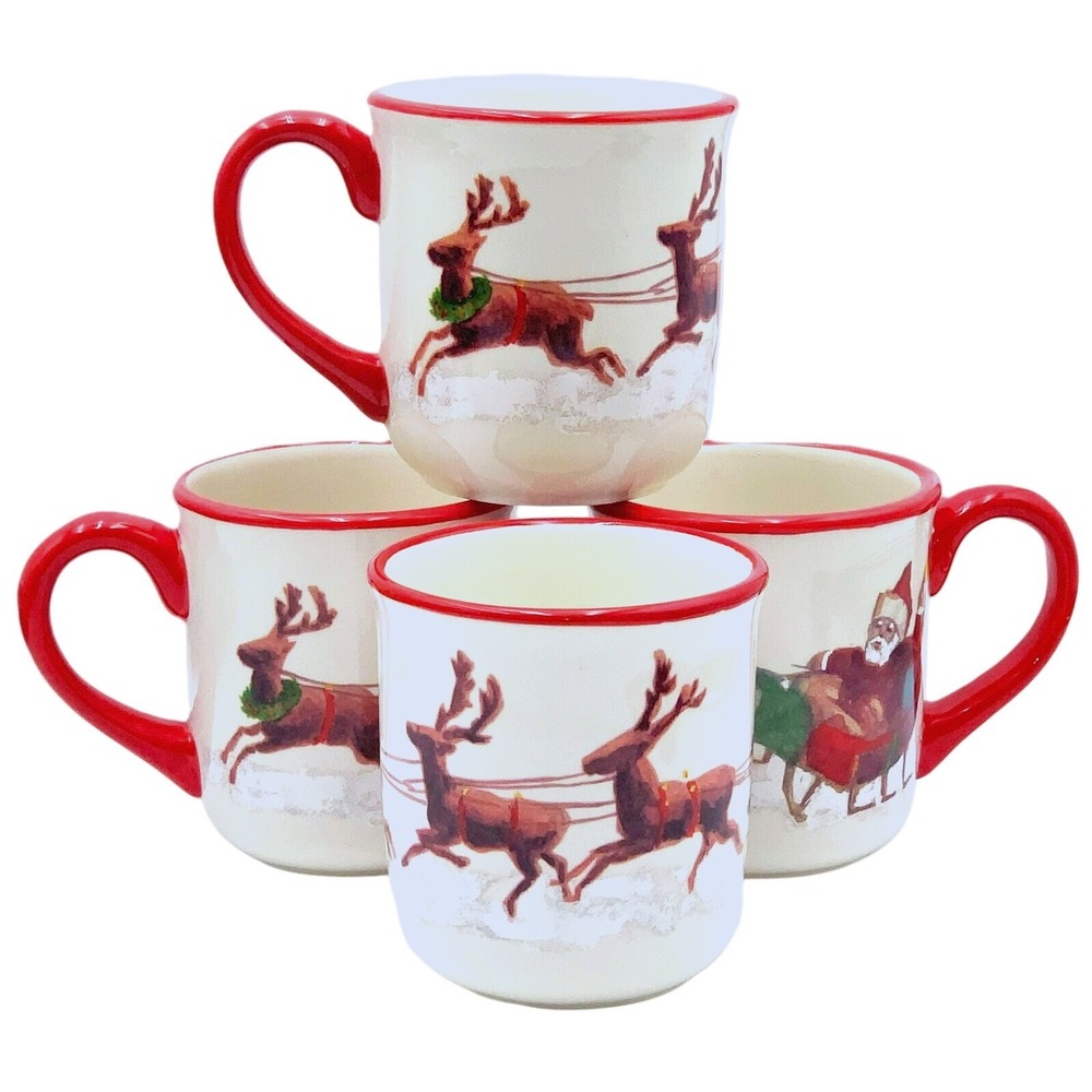 4 Williams-Sonoma Mugs SANTA & HIS REINDEER Set NOS Christmas Cups 2011 RETIRED